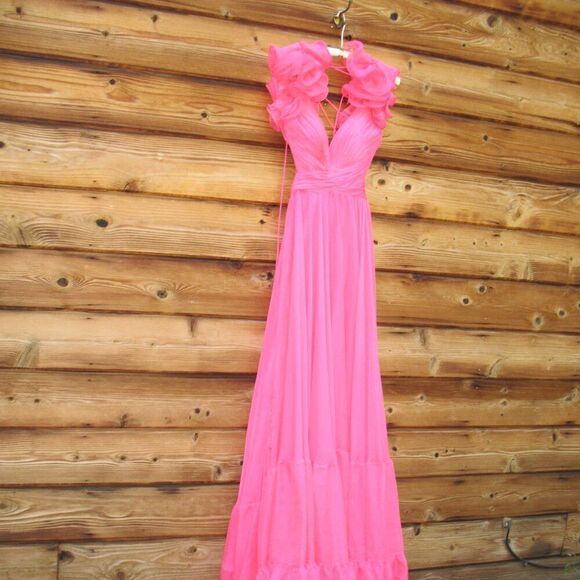 NWT Mac Duggal Ruffle Tiered Cut Out Chiffon Gown 67911 Hot Pink Size  4 - Picture 6 of 15